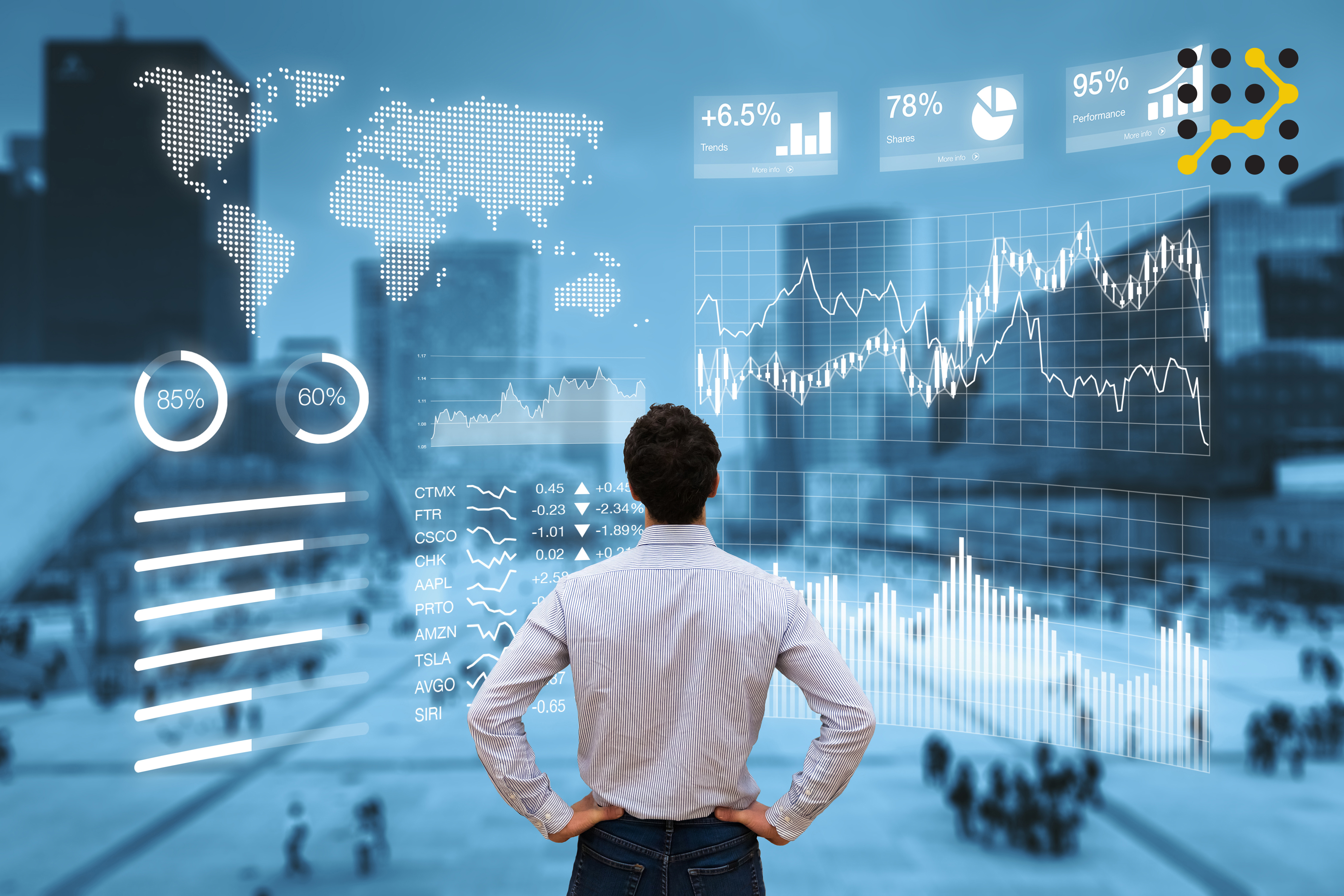 Person analyzing financial dashboard with KPI and business distr